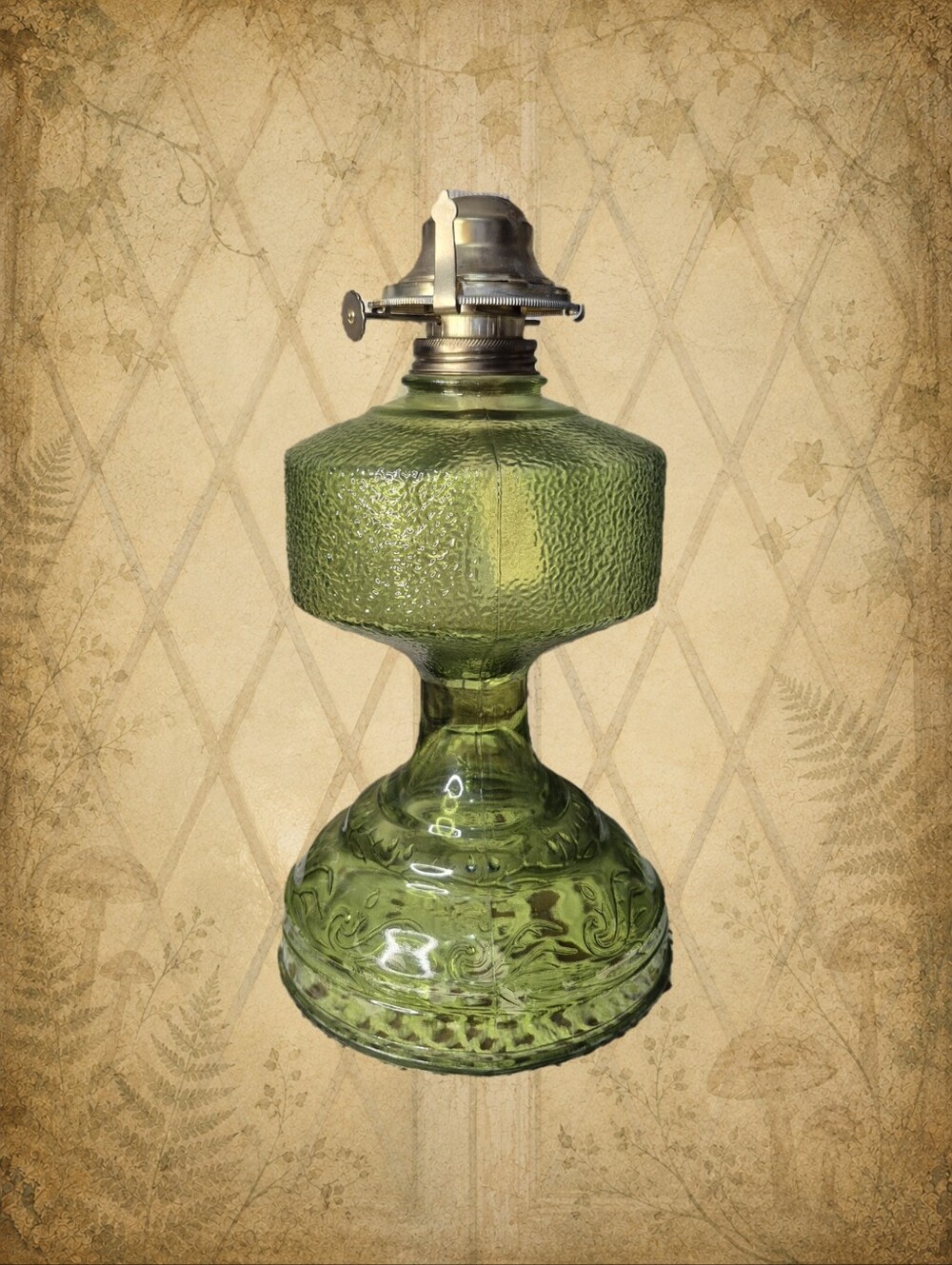 Vintage MCM 20" Olive Green Glass Hurricane Pedestal Oil Lamp